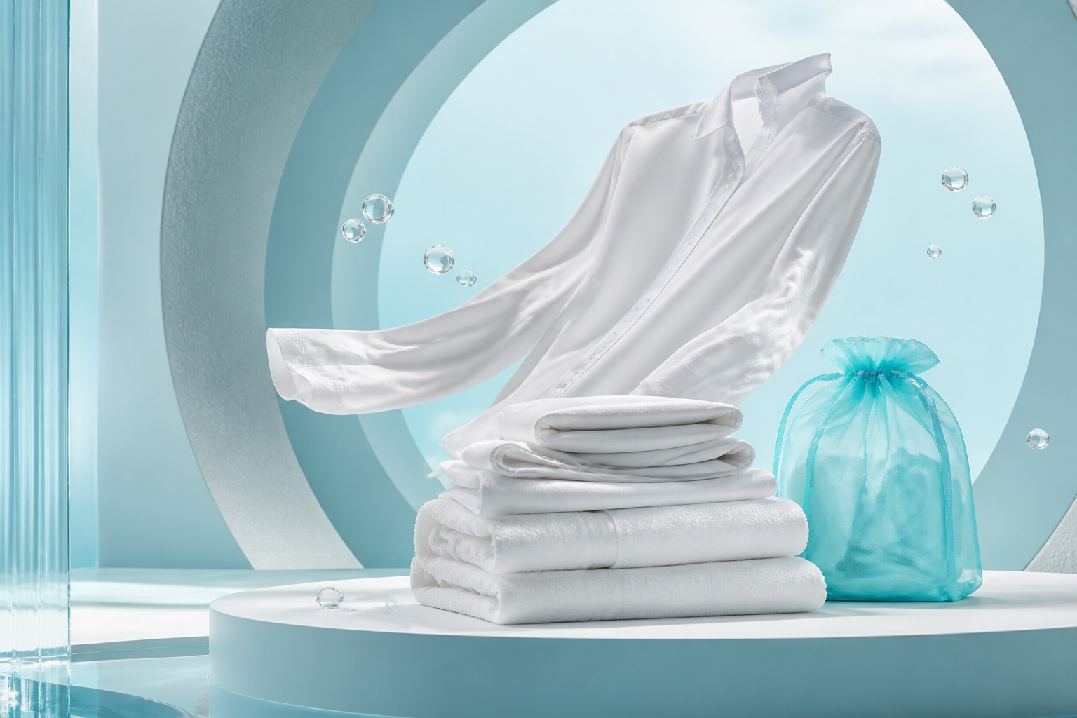 A modern laundry campaign scene with fresh textiles and an aqua background