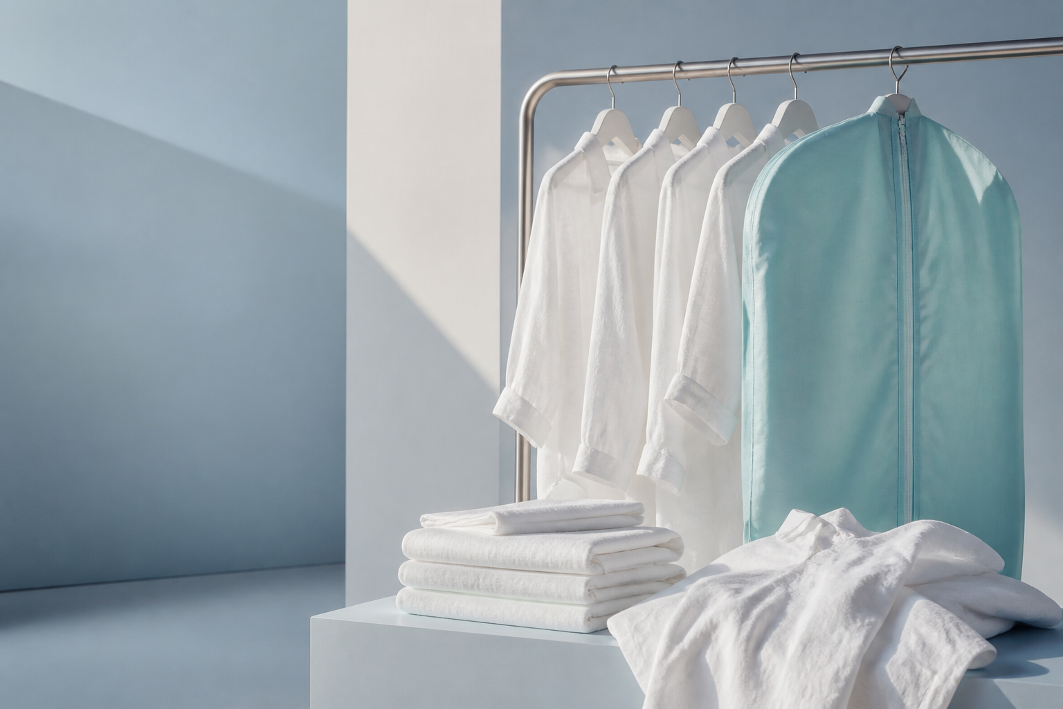 Fresh white linen and shirts in a modern aqua laundry studio