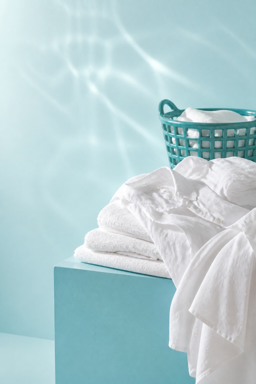 Freshly folded white laundry in an aqua studio
