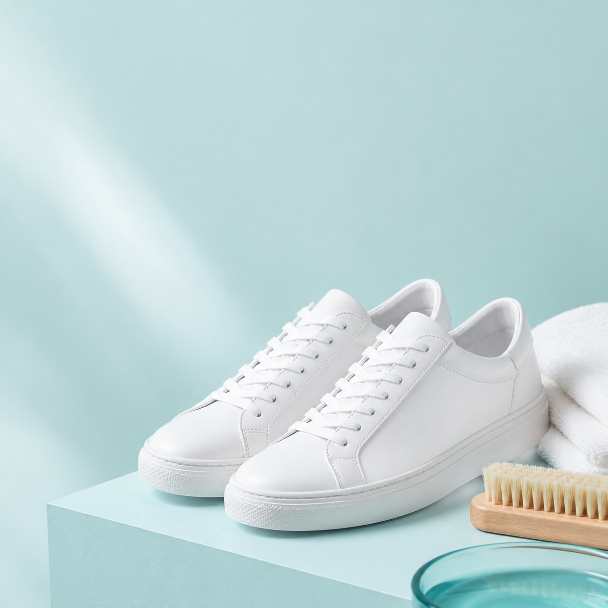 Fresh white sneakers after cleaning